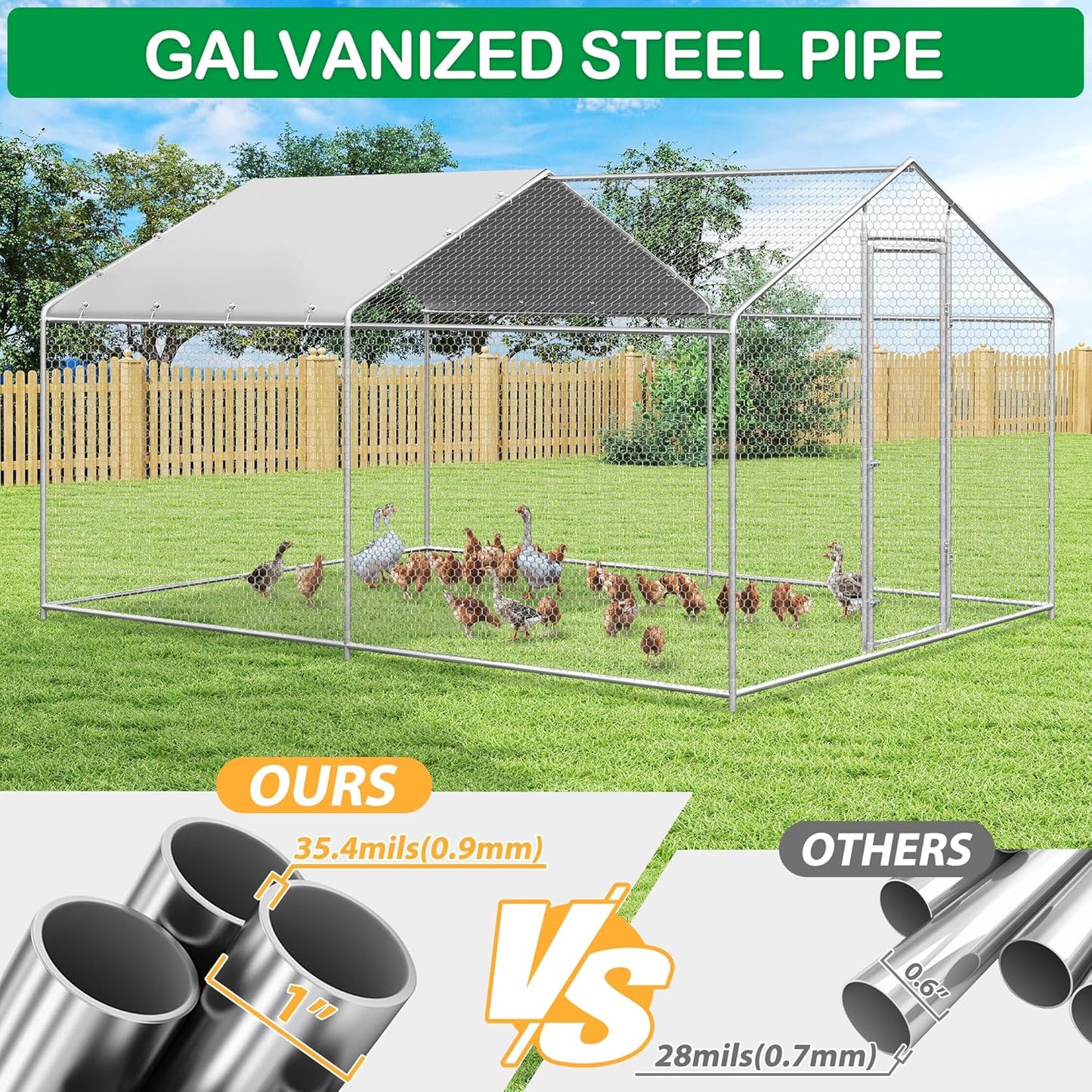 Large Metal Chicken Coop, Walk-in Chicken Run Pen with Waterproof Cover, Spire Roof Poultry Cage Run for Outdoors, Backyard, Farm(9.7'Wx12.99'Lx6.4'H)