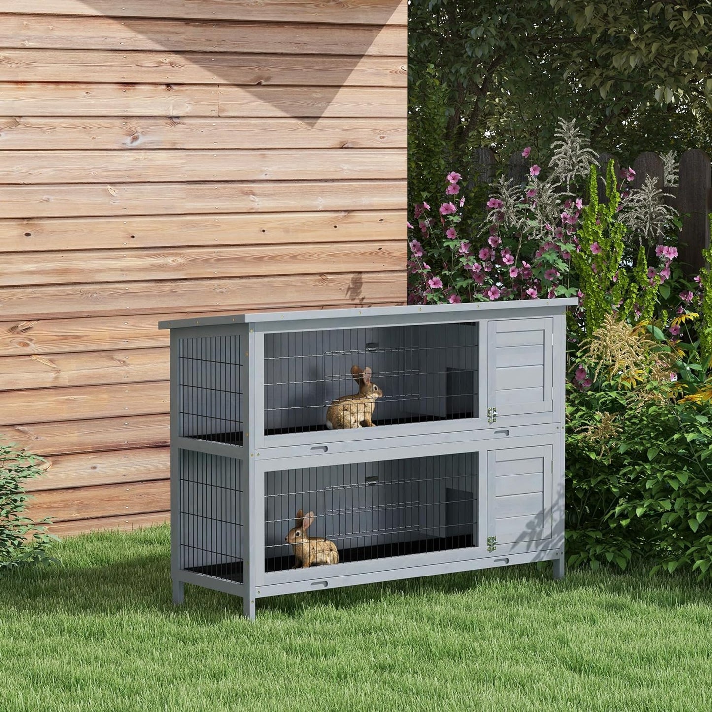 PawHut 54" 2-Story Large Rabbit Hutch Bunny Cage Wooden Pet House Small Animal Habitat with Lockable Doors, No Leak Tray and Waterproof Roof for Outdoor/Indoor Grey