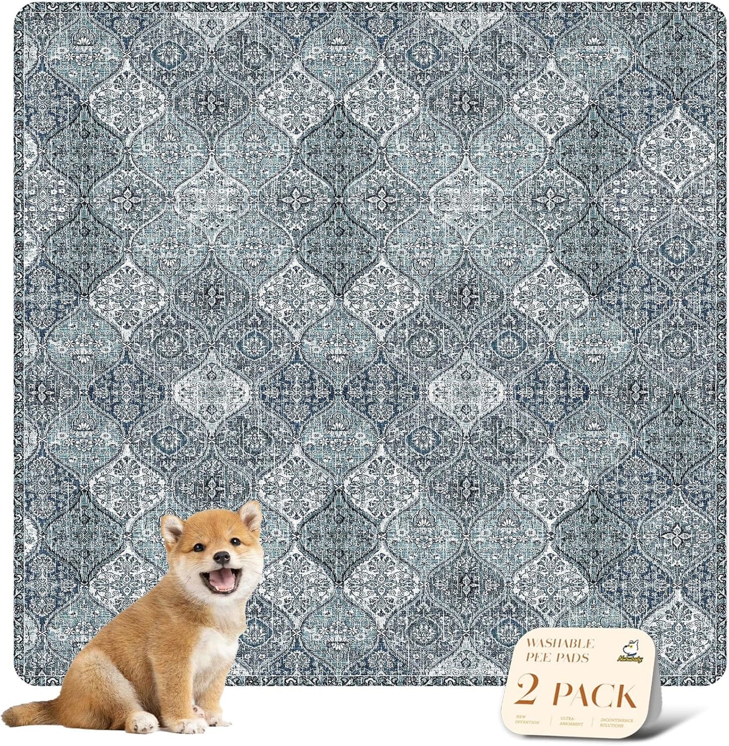 nunubaby Washable Pee Pads for Dogs, Stylish, Non-Slip and Leak-Proof Pee Pads. Reusable Potty Pads for Dogs for Crates and Floors.(Blue/Multi, 36" x36" )