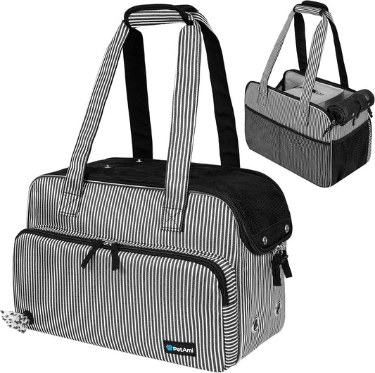 PetAmi Small Dog Purse Carrier, Soft-Sided Pet Carrier Bag with Pockets, Portable Puppy Cat Travel Handbag Tote, Airline Approved Breathable Mesh, Poop Bag Dispenser, Max 18 lbs, Stripe Black